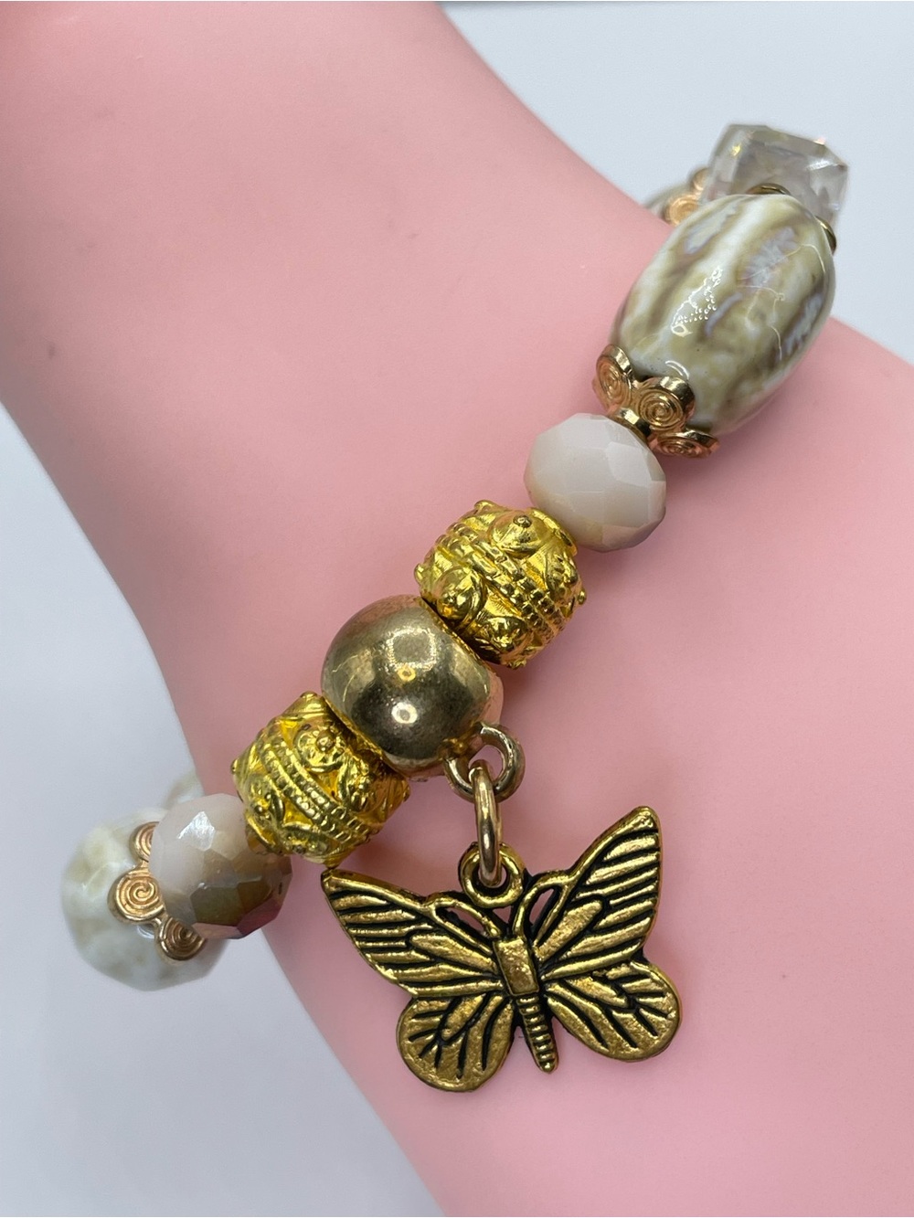 Gold Tone Butterfly Charm Crystal Glass Beaded Stretch Bracelet Boho Statement
